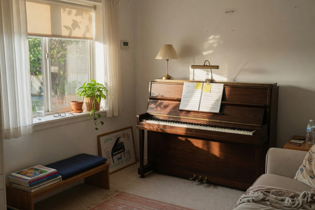 Upright piano in a home practice room
